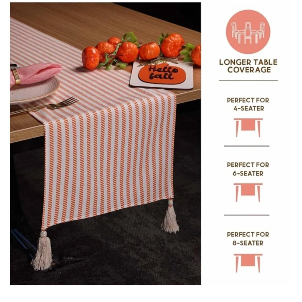 Striped Table Runner Cream with Orange Stripes Table Setting  72 x 14 inches